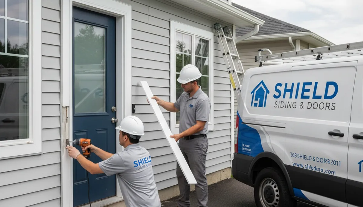 Technician repairing exterior door frame and siding in Medford, MA home by Next Level Exteriors