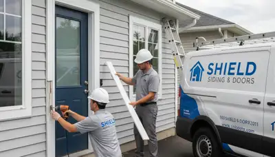 Technician repairing exterior door frame and siding in Medford, MA home by Next Level Exteriors