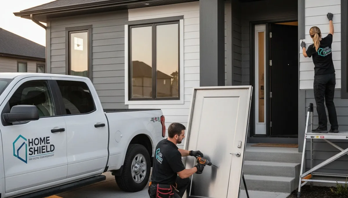 Technician repairing front door frame and lock at home in Medford, MA for Next Level Exteriors