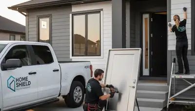 Technician repairing front door frame and lock at home in Medford, MA for Next Level Exteriors
