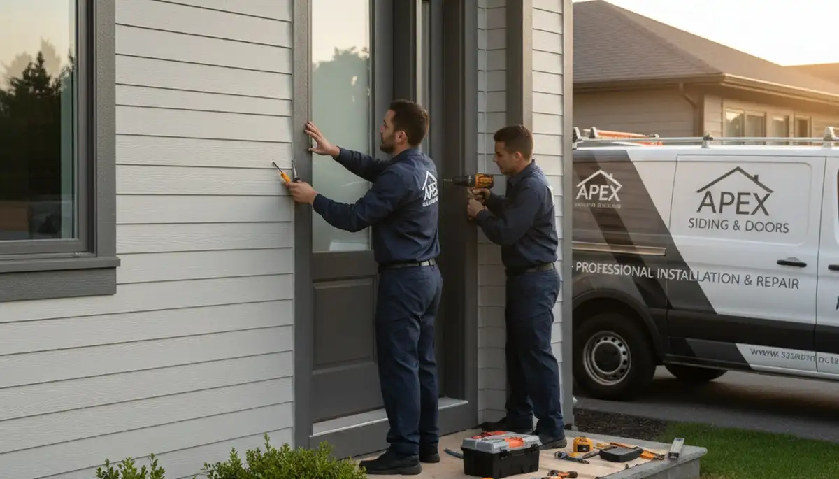 Technician repairing exterior door frame and siding at home in Medford, MA