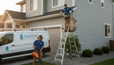 Technicians providing professional gutter cleaning service in Medford, MA for vinyl siding protection