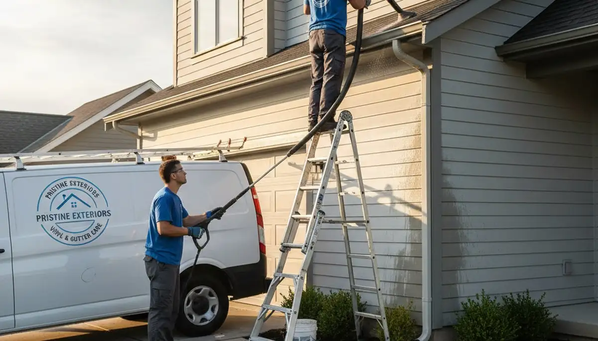 Technician cleaning residential gutters in Medford, MA for Next Level Exteriors vinyl siding service