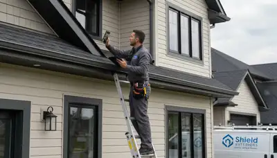 Technician performing gutter inspection on vinyl-sided home in Medford, MA