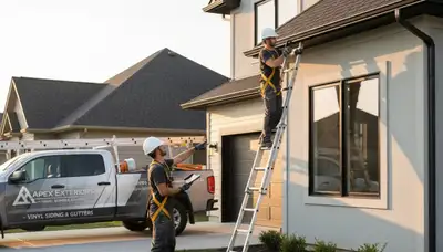 Technician performing gutter inspection on home exterior with vinyl siding in Medford, MA