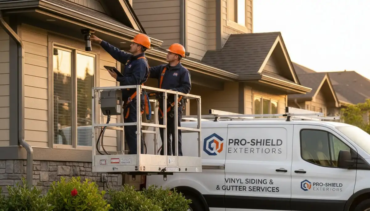 Technician performing gutter inspection on vinyl siding home in Medford, MA