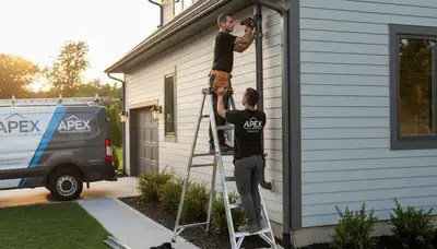 Technician repairing home gutters and vinyl siding in Medford MA with Next Level Exteriors