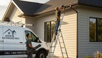 Technician repairing residential gutter and vinyl siding in Medford, MA for Next Level Exteriors