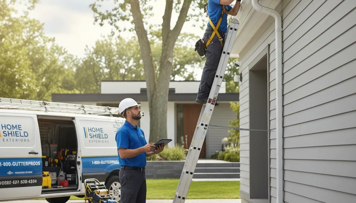 Technician repairing residential gutter and vinyl siding in Medford, MA for Next Level Exteriors
