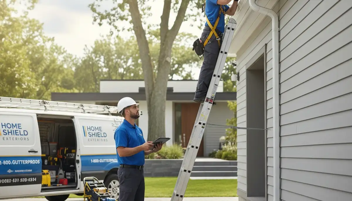Technician repairing residential gutter and vinyl siding in Medford, MA for Next Level Exteriors