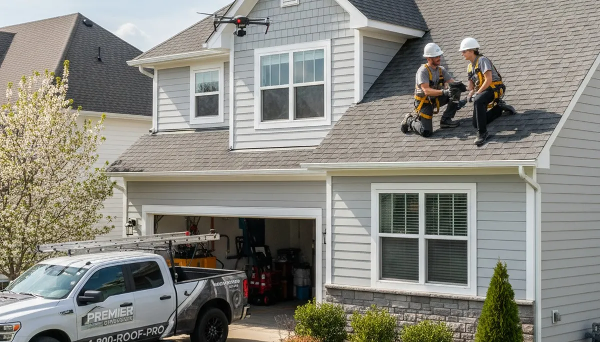 Technician performing roof inspection on vinyl-sided home in Medford, MA