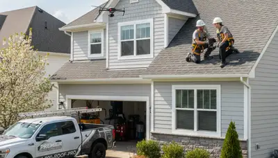 Technician performing roof inspection on vinyl-sided home in Medford, MA