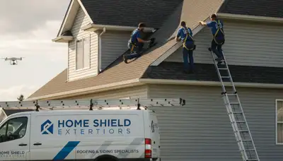 Roof inspection professionals assessing residential roof in Medford, MA for damage and maintenance needs