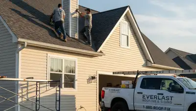 Roof repair experts fixing damaged shingles on Medford MA home exterior by Next Level Exteriors