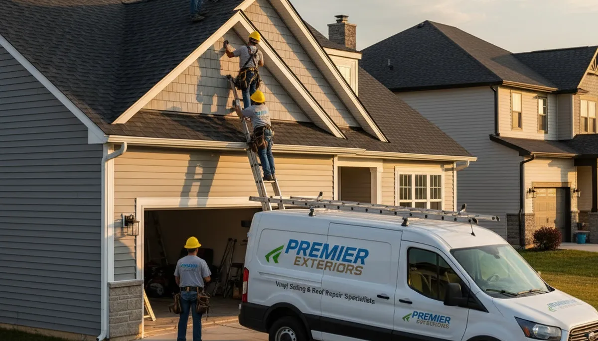 Roof repair specialists fixing vinyl siding and shingles on home in Medford, MA
