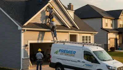 Roof repair specialists fixing vinyl siding and shingles on home in Medford, MA