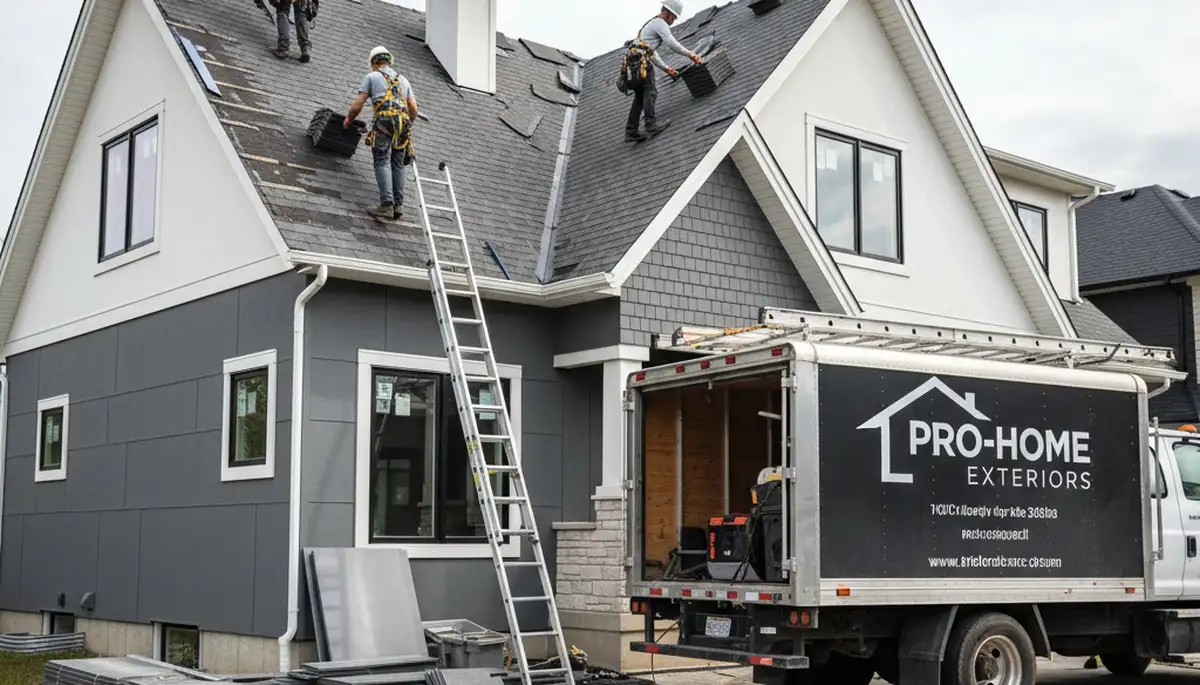 Roof repair and vinyl siding specialists working on home exterior in Medford, MA
