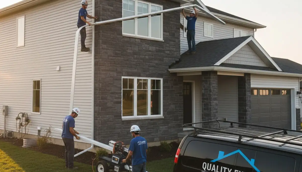 Technicians installing seamless gutters on vinyl siding home in Medford MA for Next Level Exteriors