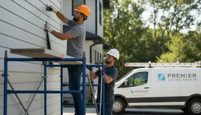 Technician repairing damaged vinyl siding on home exterior in Medford, MA