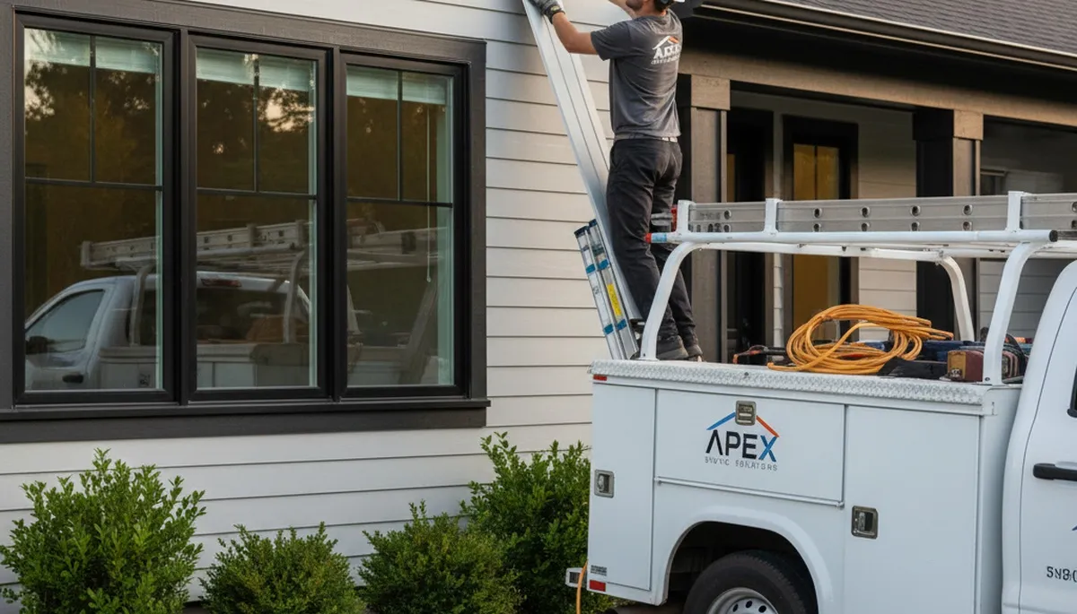 Technician repairing cracked vinyl siding on home exterior in Medford, MA