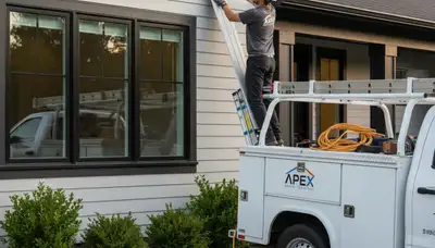 Technician repairing cracked vinyl siding on home exterior in Medford, MA