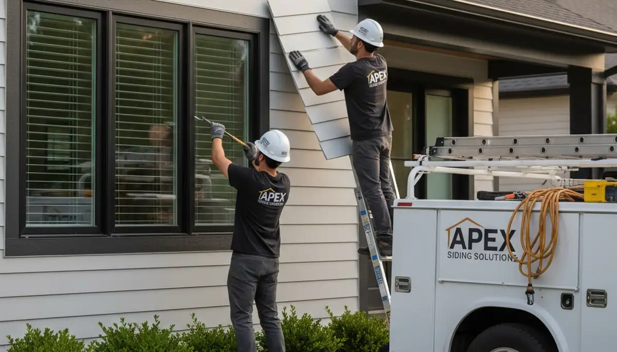 Technician repairing vinyl siding on home exterior in Medford, MA