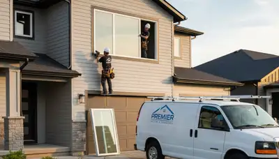 Technician repairing drafty window at Medford MA home for Next Level Exteriors window service