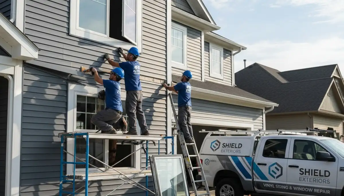 Technician performing window repair on home with vinyl siding in Medford, MA