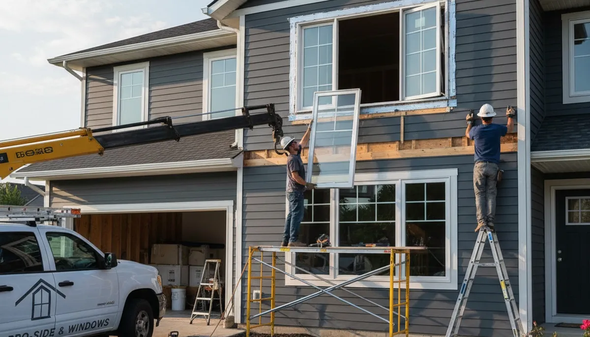 Technician installing energy-efficient vinyl window replacement in Medford, MA home exterior