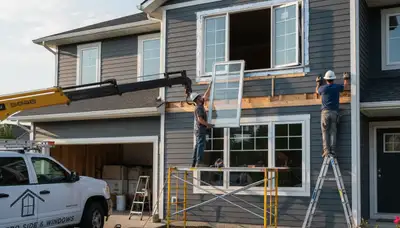 Technician installing energy-efficient vinyl window replacement in Medford, MA home exterior